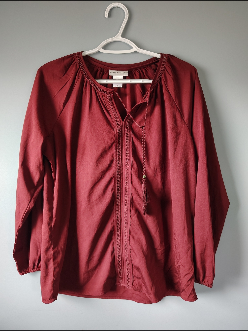 Rebecca Malone Burgundy Blouse Ties In The Front Tassel Design Long Sleeve Flowy